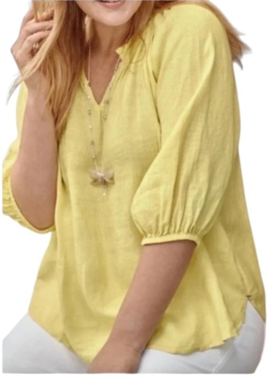 J.Jill Love Linen Women's Size M Soft Yellow Linen Peasant Blouse Relaxed Fit